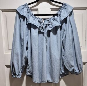 Free People Off Shoulder Boho Peasant Top Chambray Blue Medium EUC